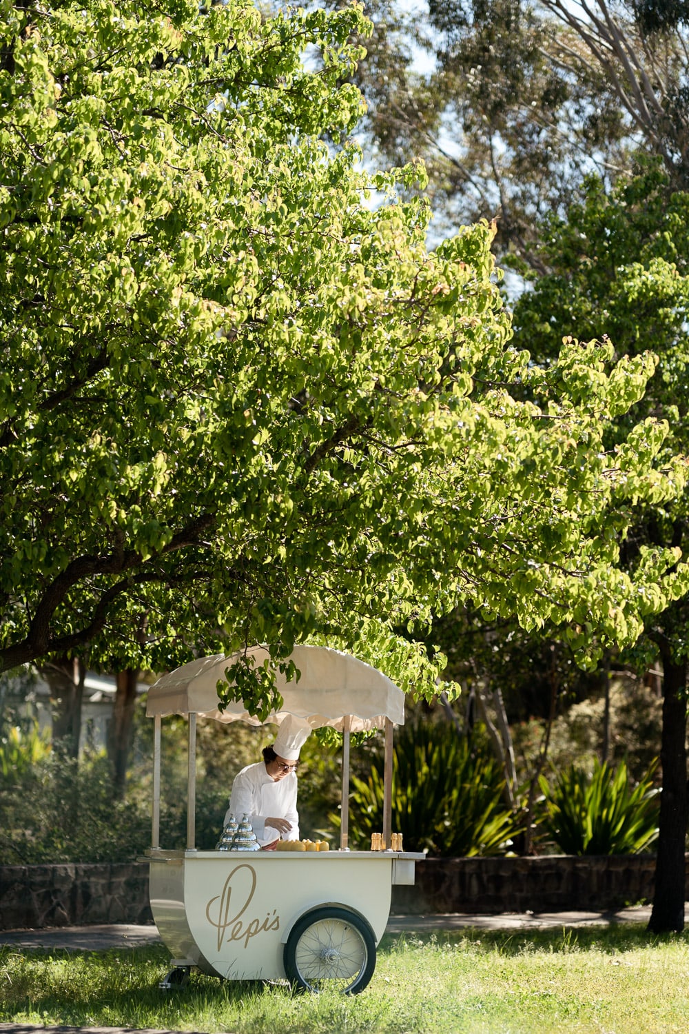 The white branded Pepi's dessert cart stands beneath a large leafy tree on a manicured lawn, with a server attending in dappled light.