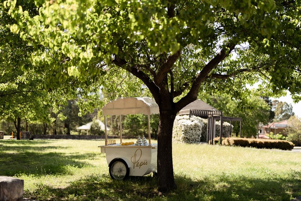The white branded Pepi's cart stands in sun-dappled shade beneath a spreading green tree in a landscaped garden.