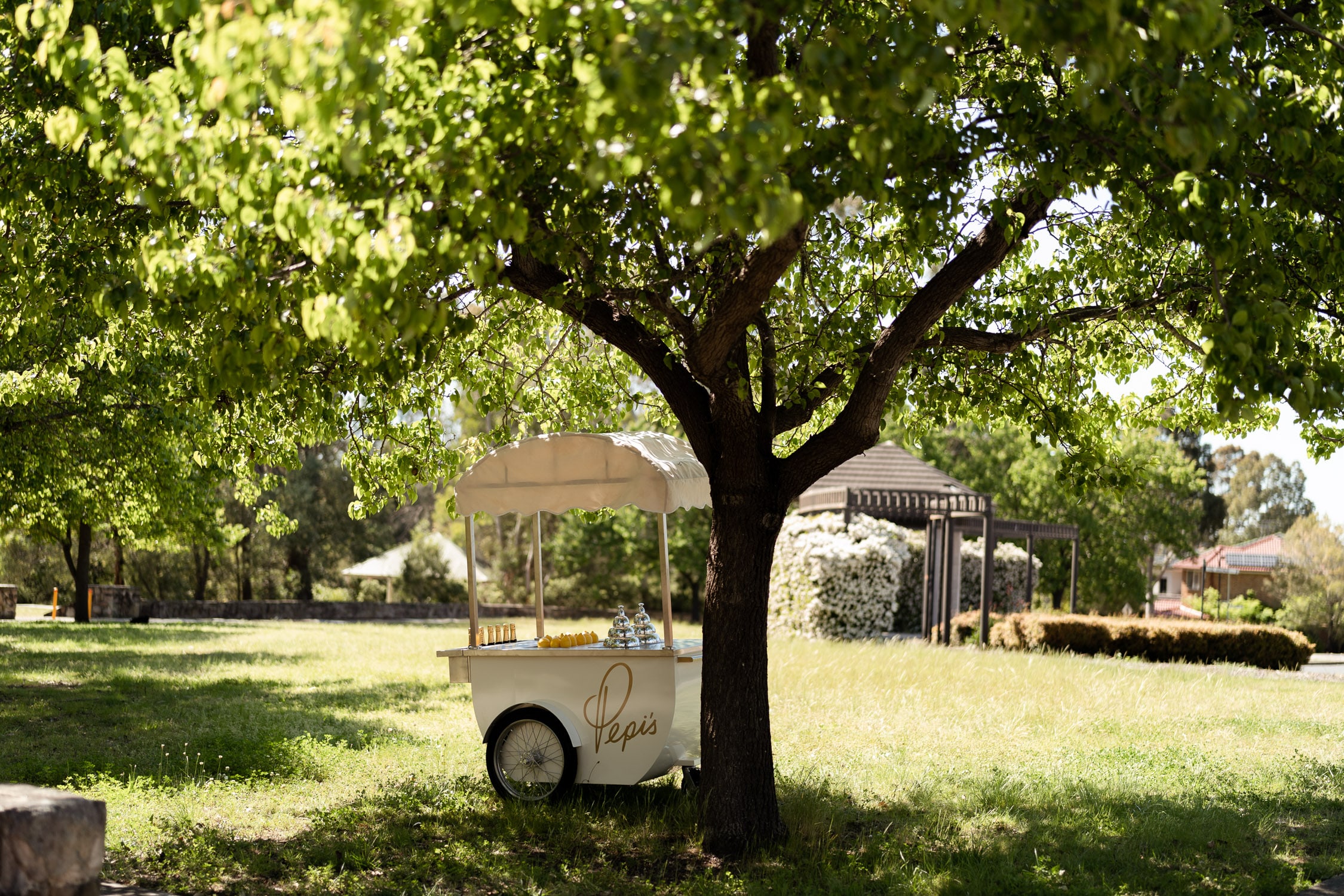 The white branded Pepi's cart stands in sun-dappled shade beneath a spreading green tree in a landscaped garden.
