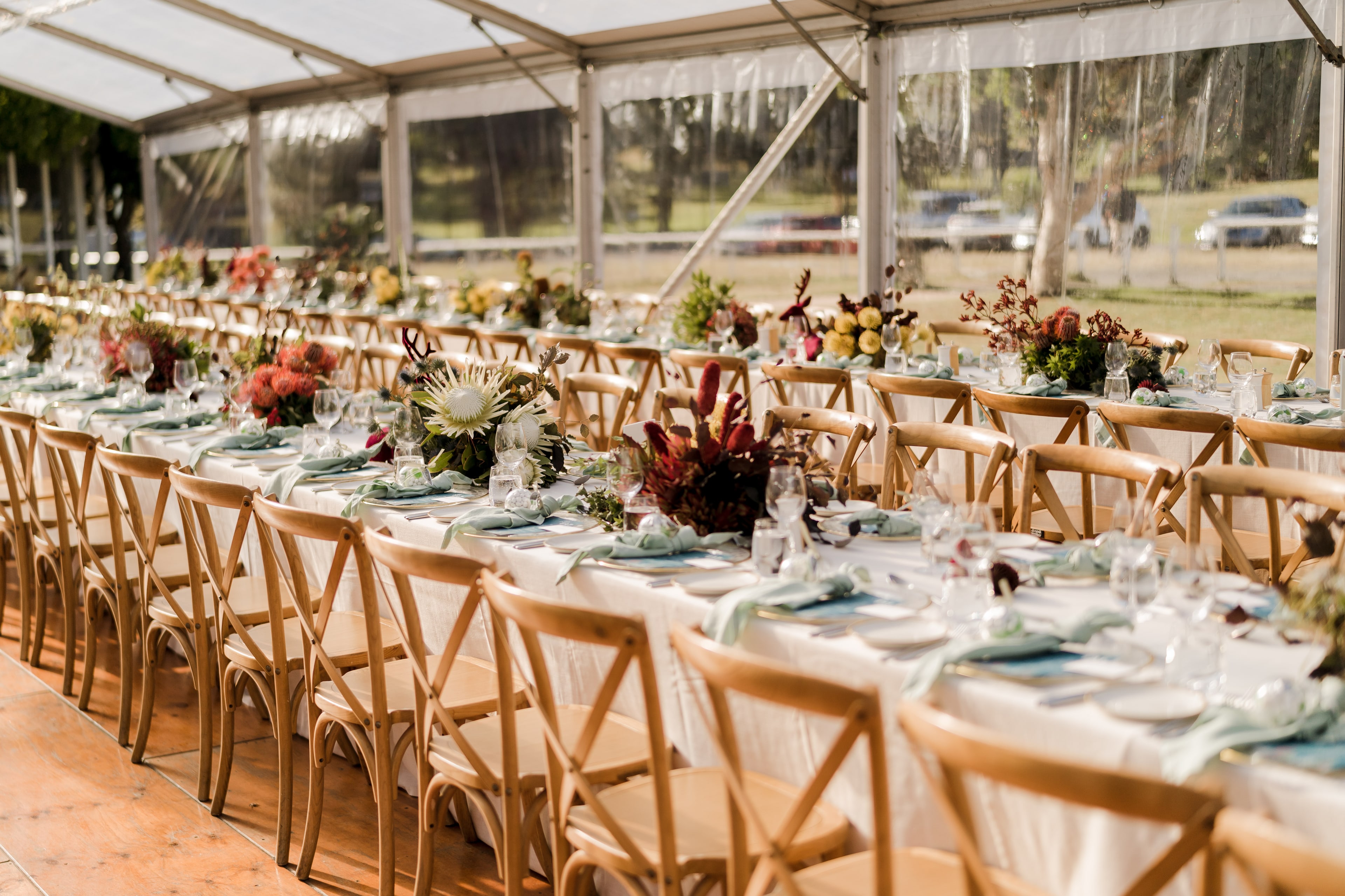 Long banquet tables inside a clear marquee, set with white linen, timber crossback chairs, sage napkins and native floral centrepieces including proteas.