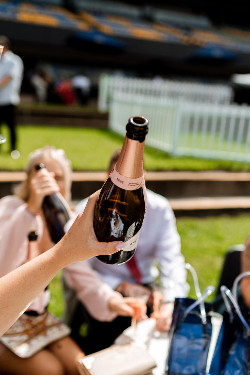 A guest holds up a bottle of Chandon rose sparkling wine over a grassy trackside seating area as other attendees mingle in the sunshine.