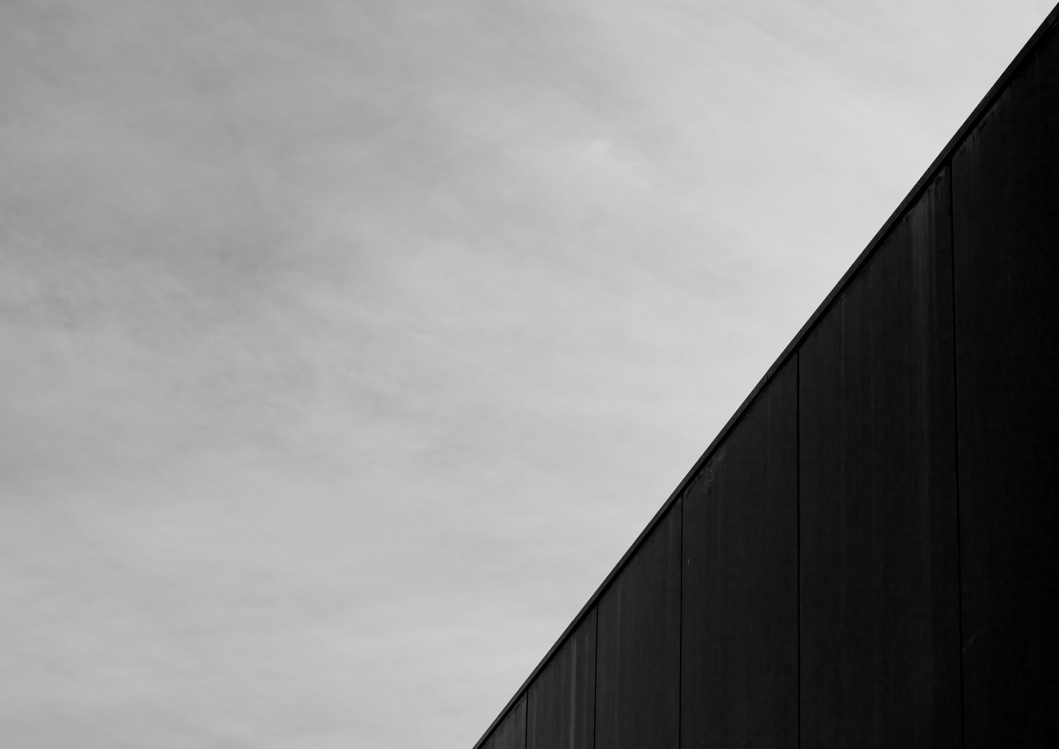 Minimalist black-and-white view of a dark vertical-panelled facade meeting a pale overcast sky along a sharp diagonal roofline.