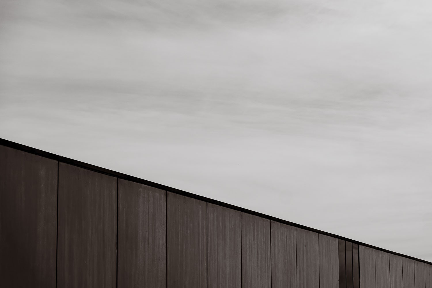 Dark timber-clad wall rising on a diagonal against a soft grey sky, its vertical board joints emphasising the building's clean edge.